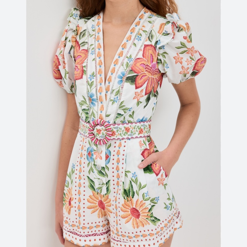 FARM Rio Garden Bloom Romper - White, Orange, Green